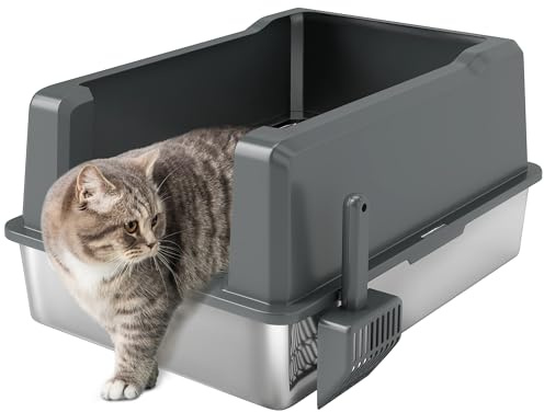 PawHut Katzentoilette XXL aus Edelstahl, 85 l, großes Fassungsvermögen, halbgeschlossenes Katzentoilette, mit Schaufel und rutschfesten Pads, leicht zu reinigen, 71 x 50,8 x 35,5 cm, Grau