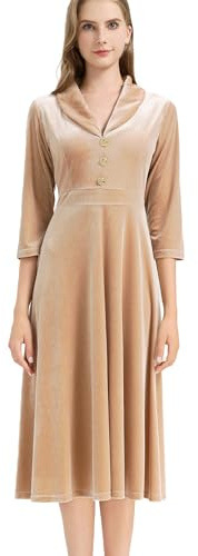 AXOE Women's Velvet Dress Elegant Vintage Midi 3/4 Sleeves Autumn Winter Fashion for Wedding Guest
