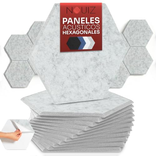 NOUIZ 12 Paneles Acústicos Autoadhesivos de Alta Densidad para Pared y Techo, Diseño Decorativo para Reducir Eco en Habitación, para Podcasts, Gaming, Estudio y Oficina (Gris, 30x26cm)