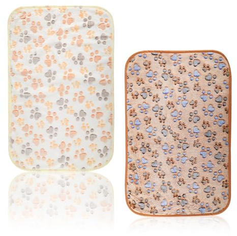 Lotsdonxia 2 PCS Small Pet Blankets, Brown & White Paw Print Flannel Cozy Warm Throw for Cats and Dogs, Lightweight & Easy Care