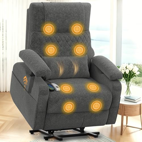Recliner Armchair electric with Heating & Massage, Lift Chair for elderly | Rise and recliner chairs electric with 3D Adjustable Armrest, Extra lumbar pillow, Type C+USB Ports, 4 Storage Pockets