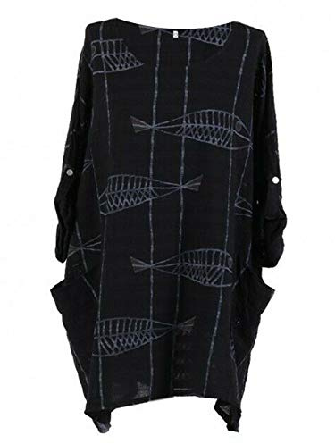 Storm Island Italian Ladies Round Neck Cotton Lagenlook Fish Print Top Women Dress Shirt Plus
