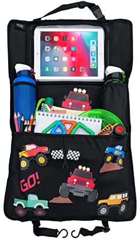 HECKBO 1x Organizer Sedile Posteriore Auto per Bambini con Scomparto Regolabile Tablet fino a 20'' con Pellicola Touch - Monster Trucks - Universale - 70x45cm - Tasca Termica + Tasca a rete