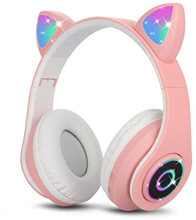 Sendowtek Casque sans Fil pour Enfant avec Microphone Intégré Fonction d'Appel Pliable Écouteurs Casque Bluetooth à Oreilles de Chat LED pour Fille Garçon Adulte Voyage Vacances (Rose)