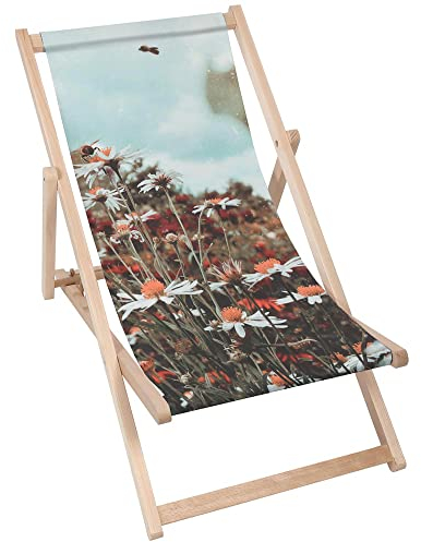 DreamRoots Liegestuhl Klappbar Holz aus Buchenholz, bis 130 kg belastbar, 3-Fach verstellbare Rückenlehne, waschbarer Polyesterbezug