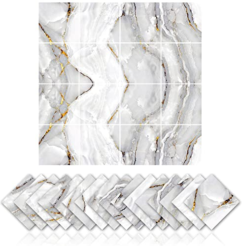 16 pièces Adhésifs pour carrelage en marbre cuisine et salle de bain autocollants antihuile imperméable PVC autocollant décoration,Simulation adhésif pour carrelage avec design en marbre (10x10 cm)