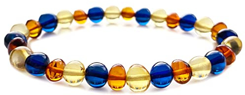 Exceptional Colors of Amber Bracelet for Woman Red, Blue and Green - amber stone jewelry, 100% Genuine, HandMade from Caribbean Baroque Beads - 7 / 18cm (Multi)