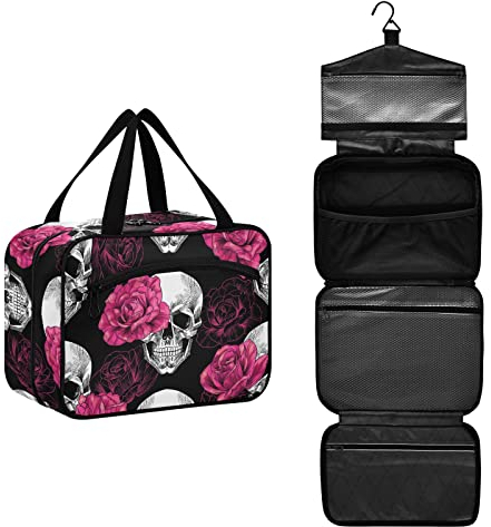 CHIFIGNO Reisetasche zum Aufhängen für Kosmetikartikel für Herren, Damen, Mädchen, American Football Muster und Helm Kosmetiktasche Tragbare Reise Badezimmer Tasche, Totenköpfe rosa Rosen, Medium
