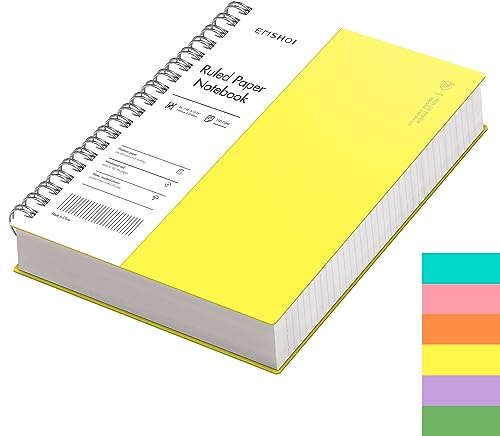 EMSHOI B5 Spiral Notebook, Lined Notepad, PVC Cover, 300 Pages, Yellow | 100GSM Paper, Flexible Plastic Cover, Notepad with Sticky Notes, Pocket, Pen Loop, Bookmark Ruler for Writing, 19 x 25cm