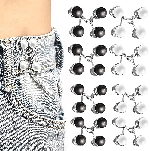 Pearl Jean Button Pins, 8 Sets Hosen Enger Machen Clip, Adjustable Nail-Free Waist Buckles Waist Buckle Extension Jeans Button Trousers Clips for Trousers and Jeans(4 White+4 Black)