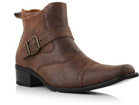 Ferro Aldo Alejandro Men's Mid-Top Western Dress Boot | Snipe Toe Ankle Boot with Buckle Strap, Side Zipper & Snake Texture | MFA606326 | in Maple Brown, Size 13