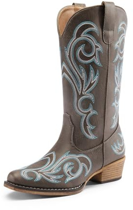 DREAM PAIRS Botas vaqueras para mujer, de media pantorrilla, puntera cuadrada, tacón grueso, bordado, botas occidentales, Marrón, 42 EU
