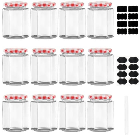 ZhouZGlass 12 Pack Small Glass Jars with Lids, Airtight 100ml Jam Jars with Red Gingham Lids for Candle Making(Red)
