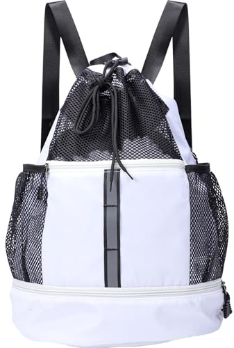 Risipu Bolsa de gimnasio con cordón para hombre, mochila impermeable con cordón para mujer, bolsa de natación con compartimento para zapatos y tiras reflectantes, bolsa deportiva de cuerda para fútbol