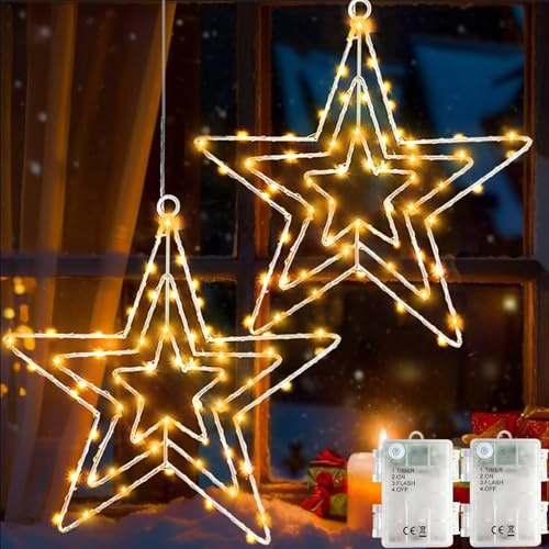 Redefun Christmas Star Light 2 Pack Window Lights Battery Operated with Timer, 75 LED Star Lights Waterproof Hanging Christmas Decorations for Indoor Outdoor Windows Xmas(Warm White)