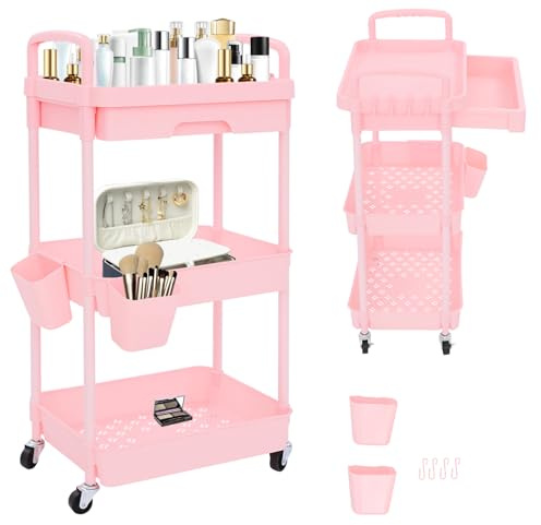 DHQCQL Carrello con cassetti, scaffale a 3 strati con ruote, 40 x 30 x 76 cm, carrello da portata per bambini, carrello per cucina, bagno, fino a 5 kg (rosa)