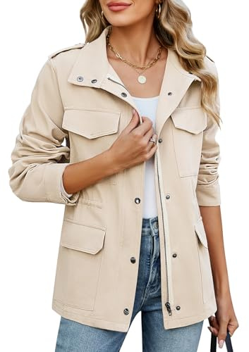 Tuopuda Veste Femme mi Saison Vestes Militaires Légères en Coton Taille haute Cordon Manteau court Parka printemps-été(Beige,M)