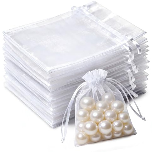 Admygo 50 PCS White Organza Gift Bags, 7 x9 cm Clear Mesh Pouches, Jewellery Bags, Candy Mesh Pouches for Wedding Favours, Christmas, Birthday, Anniversary, Party Supplies