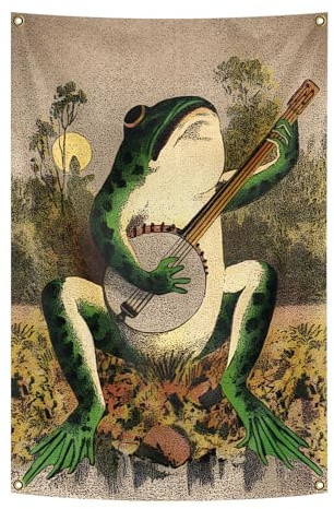 Vintage Boho Wall Hanging Funny Flags 36x24 inche Banjo Playing Frog Wall Aesthetic Vertical Tapestry for Bedroom Living Room Dorm Decor (playing)