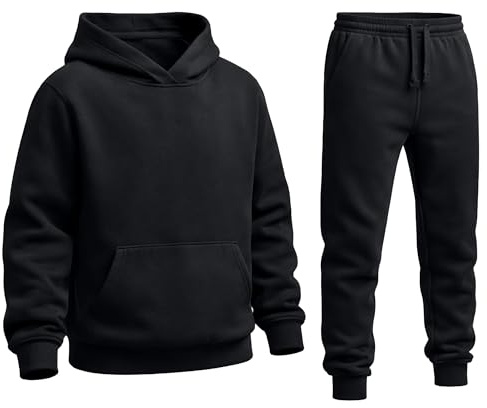 The Fancy Dress Boys Girls Tracksuit Set - Unisex Kids 2 Pcs Activewear Fleece Lined Hooded Sweatshirt and Joggers Bottom Set for Sports Running Jogging, Black, 13 Years-14 Years