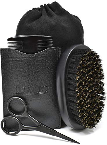 IDALIO® Beard Brush and Comb Set for Men Grooming with Natural Boar Bristle Beard Brush Pear Wood Bear Comb and Stainless Steel Trimming Beard Scissors