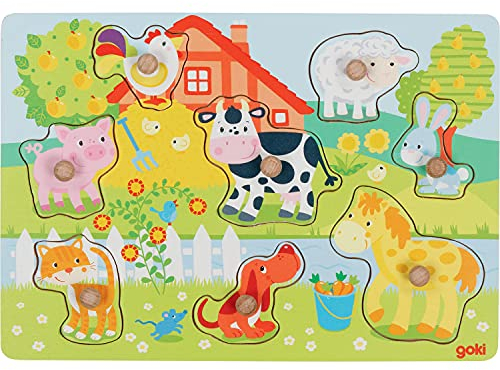 goki 57392 - Steckpuzzle Bauernhoftiere aus Holz - 8 Teile