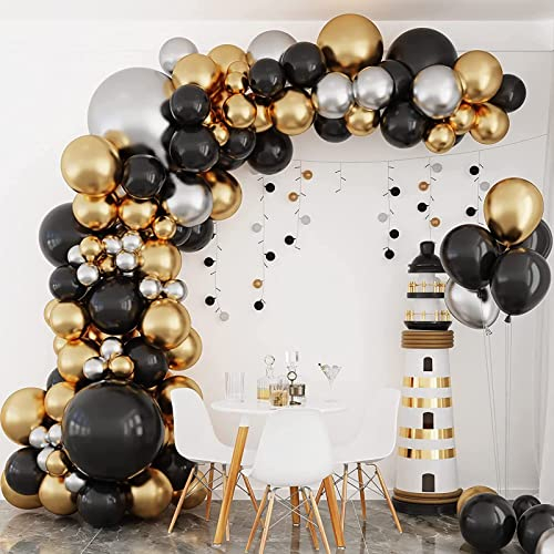 Kit de Arco de Globos Negro y Dorado - 134pcs Kit de Guirnalda de Globos Negro, Dorado y Plateado, Arco de Globos para Fiesta de Cumpleaños de Hombres, Boda, Aniversario, Graduación, Año Nuevo
