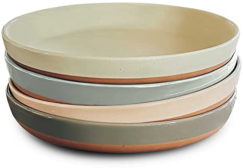 MORA Ceramic Flat Pasta Bowl Set of 4-35oz, Microwave Safe Plate with High Edge - Modern Porcelain Dinnerware for Kitchen and Eating, Large Wide Bowls/Plates for Serving Dinner, Salad, etc- Neutrals