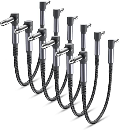 Elebase Câbles Patch Guitare 6 Pack 30cm,Cordons d'Instrument Coudé Tricoté,Connecteur Mâle Alimentation Angle Droit Convient pour Pédales d'Effet Guitare/Basse,Jack Audio Stéréo Amplificateur