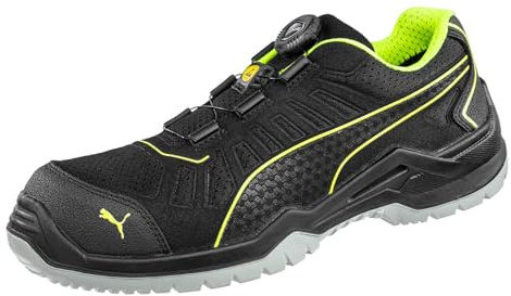 PUMA SAFETY FUSE TC GREEN LOW arbetssko säkerhetssko S1P ESD SRC glasfiberlock penetrationsskydd halkfri vegansk lätt män, Svart grön skiva, 49 EU
