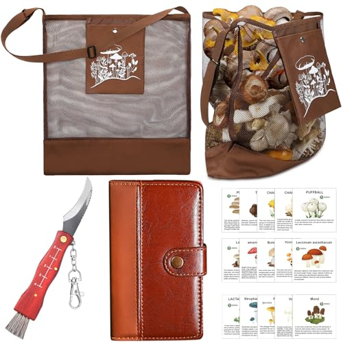 Seajan 18 Pcs Mushroom Foraging Kit with Hunting Bag, Knife Brush Guide Cards and Notebook for Mushroom Lovers(Brown)