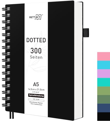 RETTACY Anteckningsbok A5-prickig, bullet journal, spiralanteckningsböcker, 150 ark/300 sidor för att skriva, 100 gsm, inbunden PVC, för kvinnor och män, arbete, kontor, skola, 14,5 x 21 cm – svart