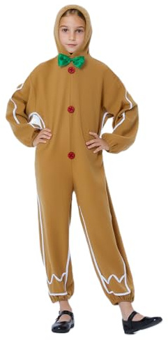 Muineobuka Kids Unisex Christmas Gingerbread Man Costume Hooded Jumpsuits Cute Gingerbread Cosplay Costume One Piece