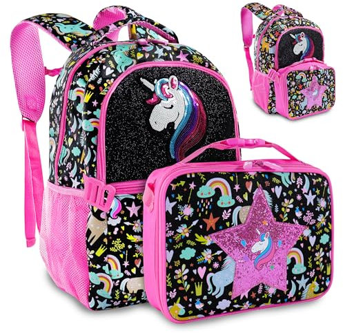 Decorably 2pc Set Sequined Glittery Unicorn Backpack with Lunch Box with Star Patch, Multi-Compartment, Water-Resistant - Back to School Gift for Girls, Kids, Toddler, Preschool, Elementary