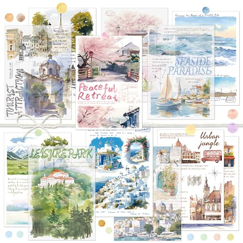 Papel Decoupage para Scrapbooking con Impresiones de Paisajes Naturales en Estilo Acuarela Tema de Viaje Papel Collage Papel Decorativo Adorno de Pared para Diario (Scenery)