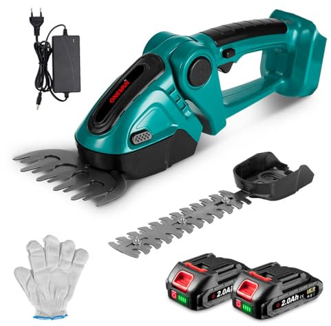 ONEVAN Taille haie Batterie, Taille haie et cisailles à arbustes électriques 2 en 1 avec 2x2.0ah Batteries, Angle réglable à 90°, 20v cisaille à Gazon sur Batterie pour arbustes, Jardin, Gazon