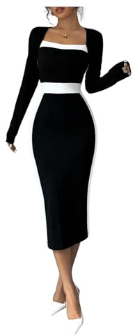GORGLITTER Women's Square Neck Color Block Midi Dress Long Sleeve Bodycon Pencil Elegant Dresses Black and White Large