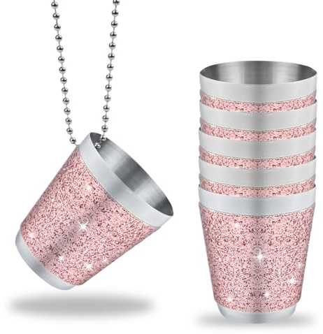 TYBYBB Snapsglas för upphängning, 6 stycken, snapsbägare i rostfritt stål med kedja 3 cl, shotglas rostfritt stål med kedja rosa, för brudfest bröllopsfester svensexa karneval