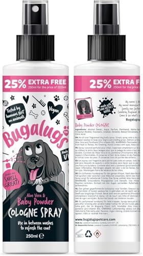 Bugalugs Dog Perfume Spray with Aloe Vera & Baby Powder Cologne great Pet Odour Eliminator Deodorant Spray for Smelly Dogs can use as Dry Shampoo