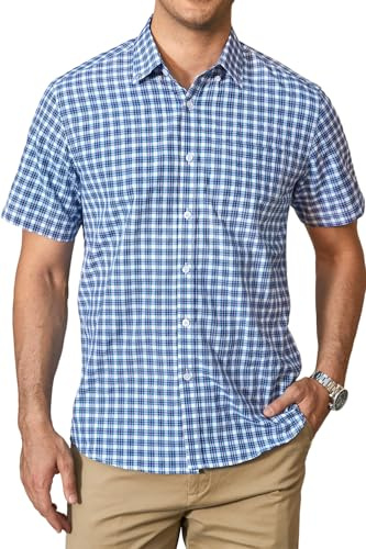 HISDERN Checked Shirt Mens Short Sleeve Casual Navy Blue Plaid Summer Shirts for Men Formal Business Button Down Gingham Checkered Work Regular Fit with Pocket S