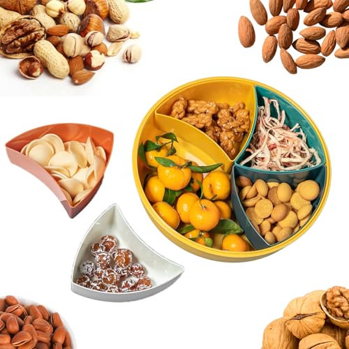 Qaixwuyi Plateau de service à collation de 25,4 cm - 5 compartiments - Avec couvercle - Boîte de rangement - Assiettes à collation avec couvercle - Organisateur pour bonbons, légumes, fruits, noix