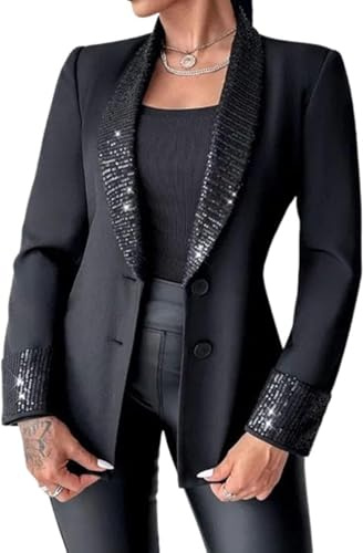 Blazer de Lentejuelas de Primavera para Mujer Blazer Informal de Oficina de Negocios de Manga Larga Brillante con Empalme de Lentejuelas Elegante de Color sólido Chaqueta pequeña