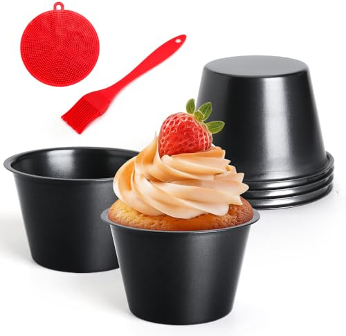 Quyimy 6 paquetes de moldes antiadherentes de acero al carbono, moldes individuales para magdalenas, magdalenas, soufflé de frambuesa con aceite y cepillo para platos, tazas de pudín para magdalenas