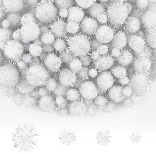 NACHLYNN 1000 pompon glitterati in 4 misure assortite, multicolore, morbidi pompon per artigianato, decorazioni, attività, con custodia (bianco)