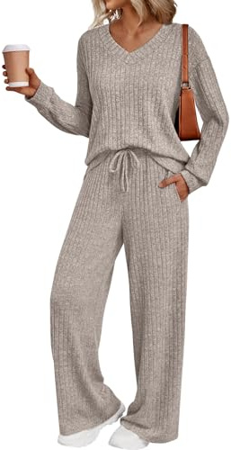 LILLUSORY Matching Lounge Set for Women, 2 Piece Cozy Outfit for Home, Travel, Fall & Winter Beige M