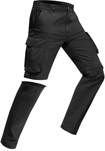 MOURCE Pantaloni da trekking cargo da uomo con zip-off, leggeri, ad asciugatura rapida, 8 tasche, per campeggio, viaggi, pesca, Nero , 28W x 30L