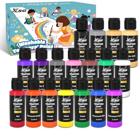 XSG Tempera Pittura Bambini, 18 Colori × 60 ml Lavabili Colori a base d'acqua, Sicuri e atossici, 15 Colori Vivaci + 3 Tonalità Metalliche, adatti per i Progetti di Pittura e Artigianato dei Bambini