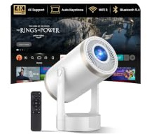 Proiettore Portatile Supporto 4K 1080P, Mini Proiettore Android 12.0 WiFi 6 Bluetooth 5.4, 260 ANSI Lumen, Auto Keystone e Zoom Regolabile, Rotazione a 180°, Schermo 30 a 200 Pollici per Home Cinema