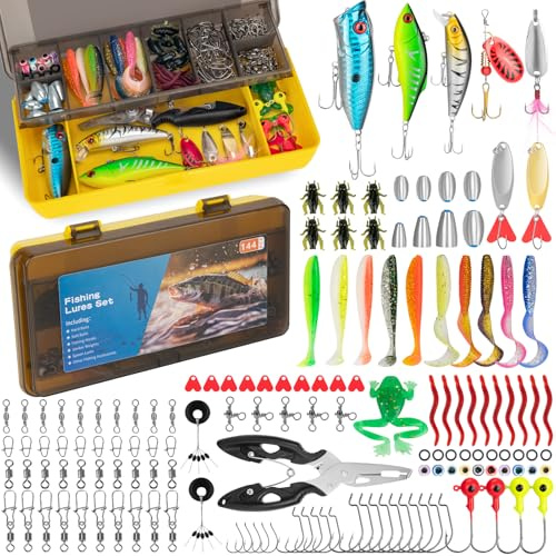 144PCS Fishing Lures Mixed,Tackle Box Included Crankbaits, Spoon, Hooks, Jigs, Weights and More Other Accessories, Fishing Bait Lure Gear Kit Gifts for Men Bass Freshwater