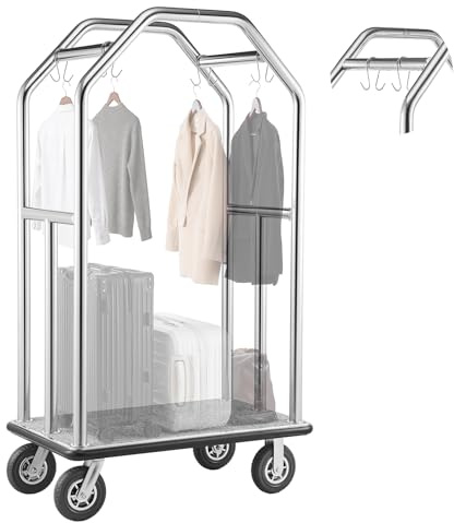VEVOR Hotellbagagevagn av rostfritt stål, 680,39 kg lastbar bagagevagn med 20 cm gummihjul, hotellvagn med grå matta och garderobsstång, bagagevagn kommersiell för hotell resorter, silver